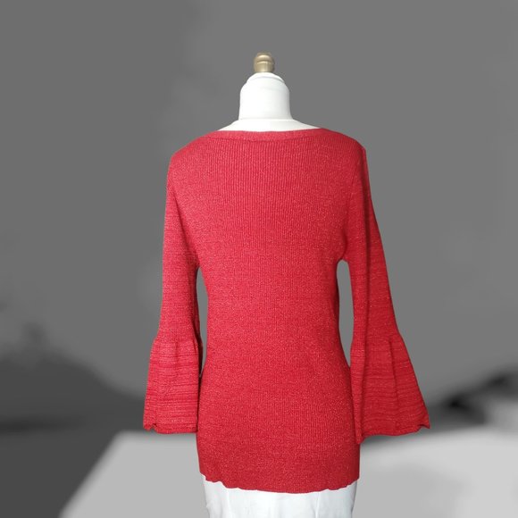 New Directions Sweater Tunic Blouse - Bell Sleeves - Red Sparkle Knit - Size L - Picture 7 of 9